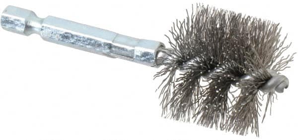 Schaefer Brush - 1 Inch Inside Diameter, 1-3/16 Inch Actual Brush Diameter, Carbon Steel, Power Fitting and Cleaning Brush - 1/4 Shank Diameter, 3-1/8 Inch Long, Hex Shaft Stem, 1-1/8 Inch Refrigeration Outside Diameter - Makers Industrial Supply