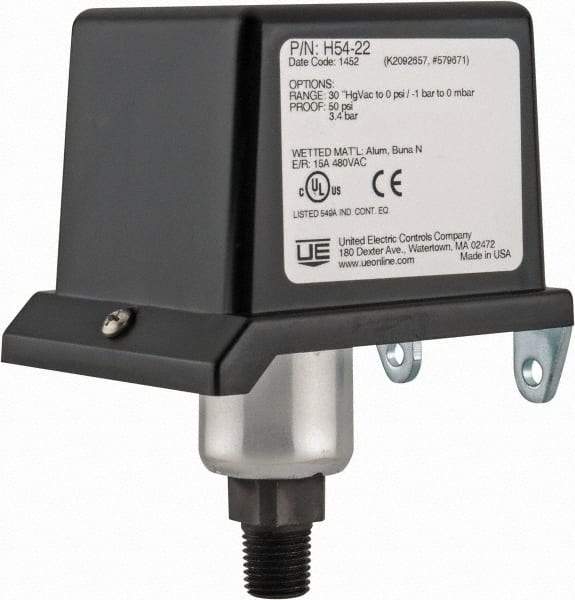 United Electric Controls - 30 to 0" Hg VAC Adjustable Range, General Purpose Diaphragm - 1/4 Thread - Makers Industrial Supply