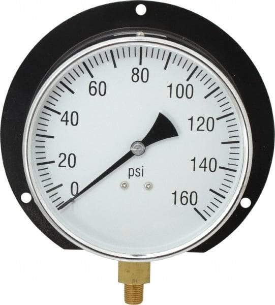 Value Collection - 6" Dial, 1/4 Thread, 0-160 Scale Range, Pressure Gauge - Lower Connection, Rear Flange Connection Mount, Accurate to 3-2-3% of Scale - Makers Industrial Supply