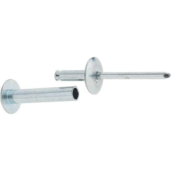 RivetKing - Size 8-26 Dome Head Steel Flush on Both Sides Blind Rivet - Steel Mandrel, 1-3/8" to 1-5/8" Grip, 5/8" Head Diam, 0.255" Min Hole Diam, 1.32" Length Under Head, 1/4" Body Diam - Makers Industrial Supply