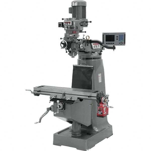 Jet - 9" Table Width x 42" Table Length, Step Pulley Control, 3 Phase Knee Milling Machine - R8 Spindle Taper, 2 hp - Makers Industrial Supply