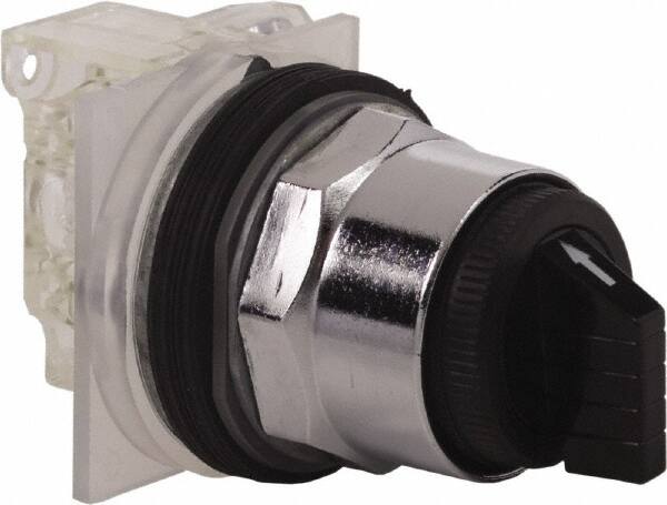 Schneider Electric - 1.18 Inch Mount Hole, 3 Position, Knob and Pushbutton Operated, Selector Switch - Black, Momentary (MO), NO/NC, Weatherproof and Dust and Oil Resistant - Makers Industrial Supply