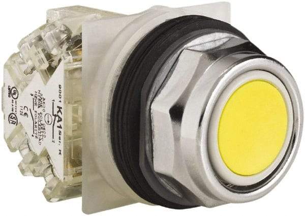 Schneider Electric - 30mm Mount Hole, Extended Straight, Pushbutton Switch with Contact Block - Yellow Pushbutton, Momentary (MO) - Makers Industrial Supply