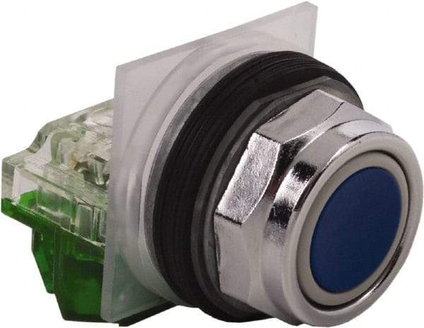 Schneider Electric - 30mm Mount Hole, Extended Straight, Pushbutton Switch with Contact Block - Blue Pushbutton, Momentary (MO) - Makers Industrial Supply