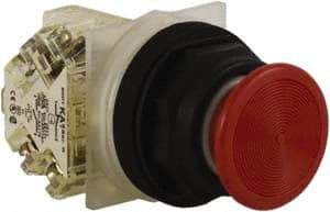 Schneider Electric - 30mm Mount Hole, Extended Straight, Pushbutton Switch with Contact Block - Red Pushbutton, Momentary (MO) - Makers Industrial Supply