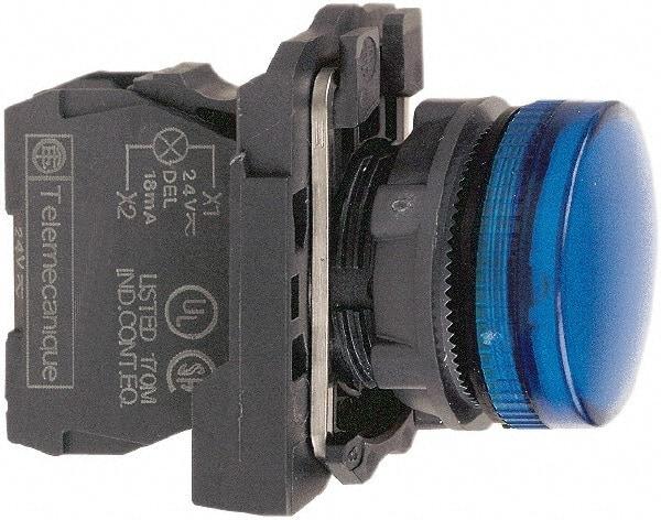 Schneider Electric - 110-120 VAC at 50/60 Hz Blue Lens LED Pilot Light - Round Lens, Screw Clamp Connector, 30mm Wide, Vibration Resistant, Water Resistant - Makers Industrial Supply