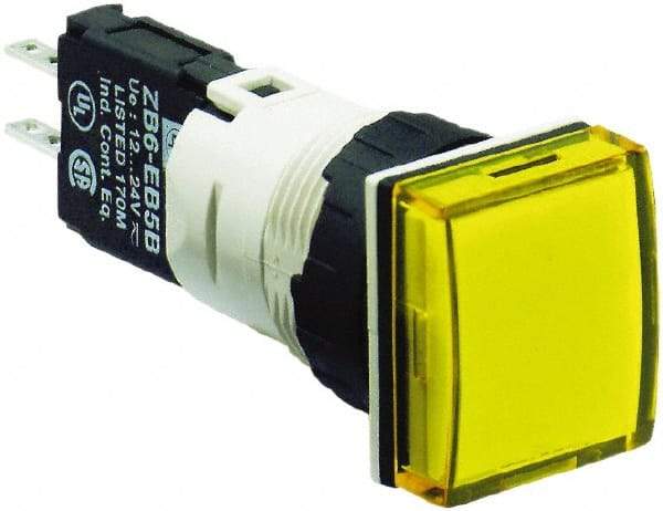 Schneider Electric - 12-24 VAC/VDC Yellow Lens LED Pilot Light - Square Lens, Quick Connect Connector, 18mm Wide, Vibration Resistant - Makers Industrial Supply