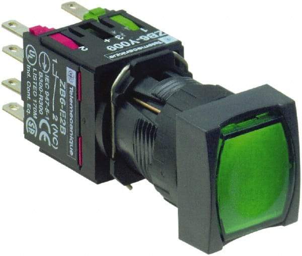 Schneider Electric - 16mm Mount Hole, Flush, Pushbutton Switch with Contact Block - Square, Green Pushbutton, Illuminated, Momentary (MO) - Makers Industrial Supply