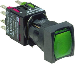 Schneider Electric - 16mm Mount Hole, Flush, Pushbutton Switch with Contact Block - Square, Green Pushbutton, Illuminated, Momentary (MO) - Makers Industrial Supply