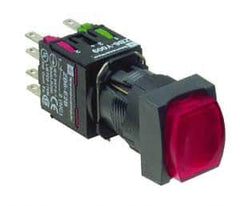 Schneider Electric - 16mm Mount Hole, Extended Straight, Pushbutton Switch with Contact Block - Square, Red Pushbutton, Illuminated, Momentary (MO) - Makers Industrial Supply