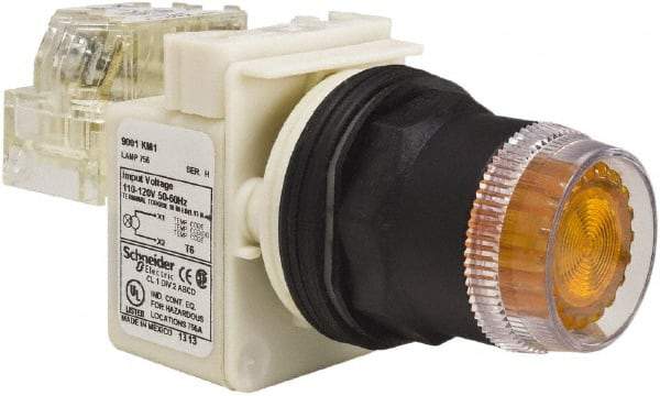 Schneider Electric - 30mm Mount Hole, Extended Straight, Pushbutton Switch with Contact Block - Amber Pushbutton, Momentary (MO) - Makers Industrial Supply