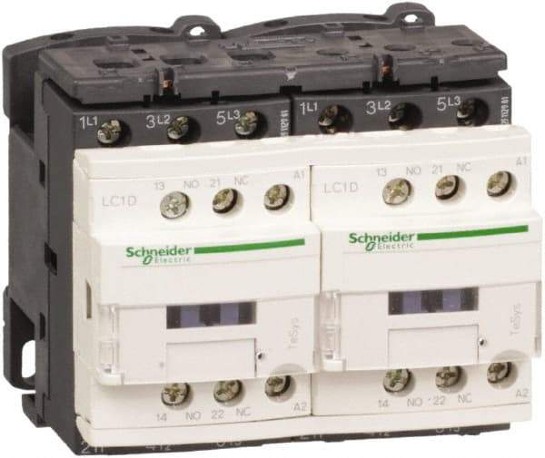 Schneider Electric - 3 Pole, 24 Coil VDC, 12 Amp at 440 VAC, Reversible IEC Contactor - 1 Phase hp: 1 at 115 VAC, 2 at 230/240 VAC, 3 Phase hp: 10 at 575/600 VAC, 3 at 200/208 VAC, 3 at 230/240 VAC, 7.5 at 460/480 VAC - Makers Industrial Supply