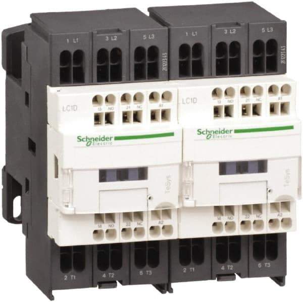 Schneider Electric - 3 Pole, 24 Coil VDC, 9 Amp at 440 VAC, Reversible IEC Contactor - 1 Phase hp: 0.5 at 115 VAC, 1 at 230/240 VAC, 3 Phase hp: 2 at 200/208 VAC, 2 at 230/240 VAC, 5 at 460/480 VAC, 7.5 at 575/600 VAC - Makers Industrial Supply