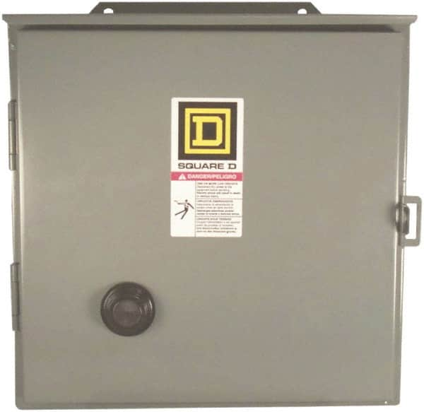 Square D - 110 Coil VAC at 50 Hz, 120 Coil VAC at 60 Hz, 27 Amp, NEMA Size 1, Reversible Enclosed Enclosure NEMA Motor Starter - 3 Phase hp: 10 at 460 VAC, 10 at 575 VAC, 7-1/2 at 200 VAC, 7-1/2 at 230 VAC, 12 Enclosure Rating - Makers Industrial Supply