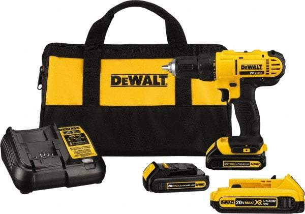 DeWALT - 20 Volt 1/2" Chuck Mid-Handle Cordless Drill - 0-450 & 0-1500 RPM, Single-Sleeve Ratcheting Chuck, Reversible, 3 Lithium-Ion Batteries Included - Makers Industrial Supply