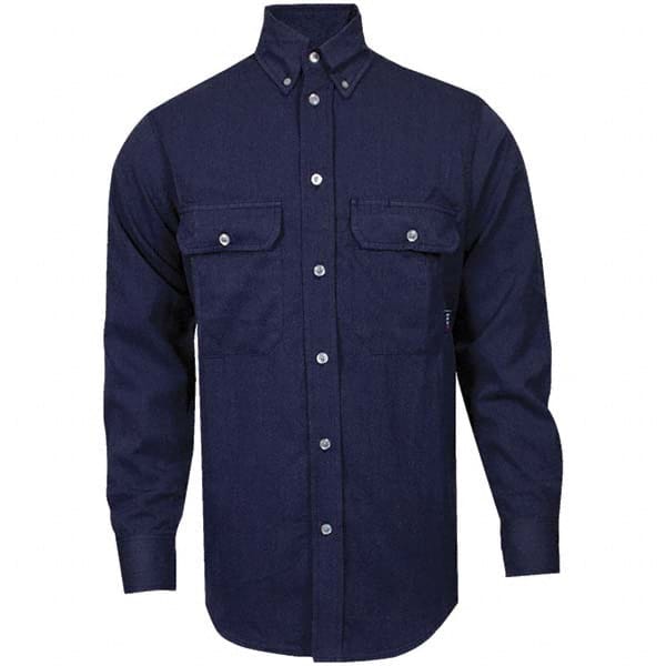 National Safety Apparel - Size L Navy Blue Flame Resistant/Retardant Long Sleeve Button Down Shirt - Exact Industrial Supply