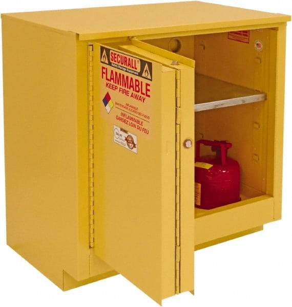 Securall Cabinets - 2 Door, 1 Shelf, Yellow Steel Under the Counter Safety Cabinet for Flammable and Combustible Liquids - 35-5/8" High x 35" Wide x 22" Deep, Sliding Door, 3 Point Key Lock, 24 Gal Capacity - Makers Industrial Supply