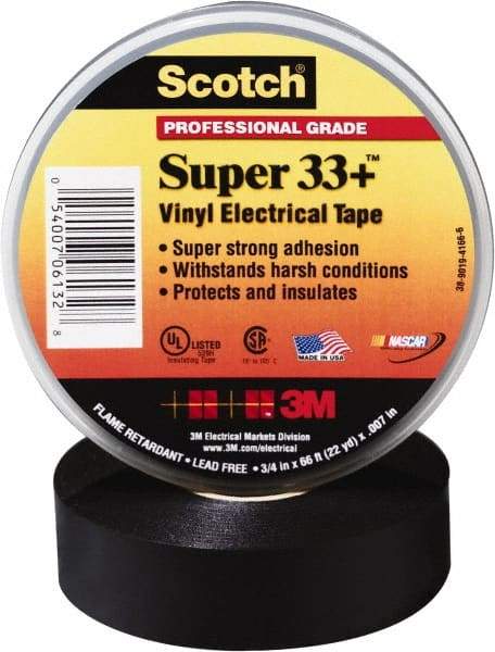 3M - 1" x 110', Black Vinyl Electrical Tape - Series 33+, 7 mil Thick, 1,150 V/mil Dielectric Strength, 15 Lb./Inch Tensile Strength - Makers Industrial Supply