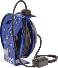 CoxReels - 16 AWG, 30' Cable Length, Cord & Cable Reel with Duplex GFCI Outlet Box End - 2 Outlets, NEMA 5-15R, 13 Amps, 115 Volts, SJO Cable, Blue Reel, Spring Driven Reel - Makers Industrial Supply