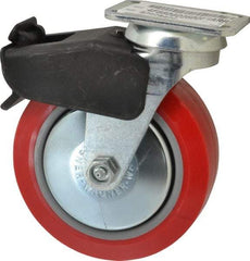 E.R. Wagner - 6" Diam x 2" Wide x 7-1/2" OAH Top Plate Mount Swivel Caster with Brake - Polyurethane, 700 Lb Capacity, Roller Bearing, 2-3/4 x 3-3/4" Plate - Makers Industrial Supply