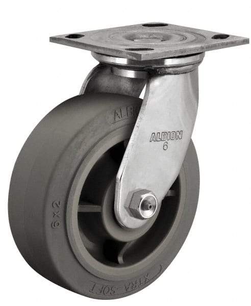 Albion - 8" Diam x 2" Wide x 9-1/2" OAH Top Plate Mount Swivel Caster - Soft Rubber, 500 Lb Capacity, Delrin Bearing, 4 x 4-1/2" Plate - Makers Industrial Supply