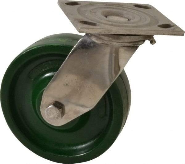 Albion - 6" Diam x 2" Wide x 7-1/2" OAH Top Plate Mount Swivel Caster - Polyurethane, 1,000 Lb Capacity, Delrin Bearing, 4 x 4-1/2" Plate - Makers Industrial Supply