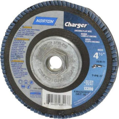 Norton - 40 Grit, 7" Disc Diam, 5/8-11 Center Hole, Type 27 Zirconia Alumina Flap Disc - 8,600 Max RPM, Fiberglass Backing, Arbor Attaching System, Coated - Makers Industrial Supply