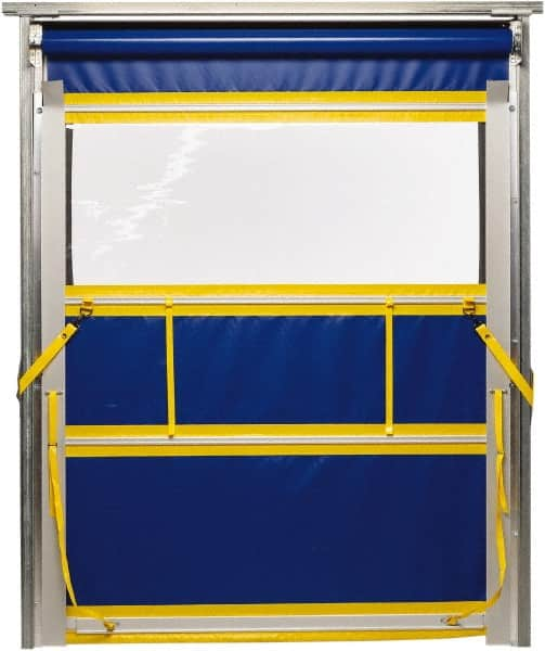 TMI, LLC - 10' Door Width x 12' Door Height PVC Solid with Vision Panel & Spring Loaded Manual (Style) Roll Up Dock Screen - Blue/Yellow/Clear - Makers Industrial Supply