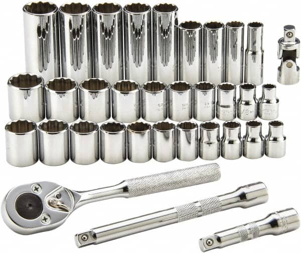 Proto - 34 Piece 3/8" Drive Standard Deep Socket Set - 12 Points, 7/8 to 7/8", 8 to 19mm, Inch/Metric Measurement Standard - Makers Industrial Supply