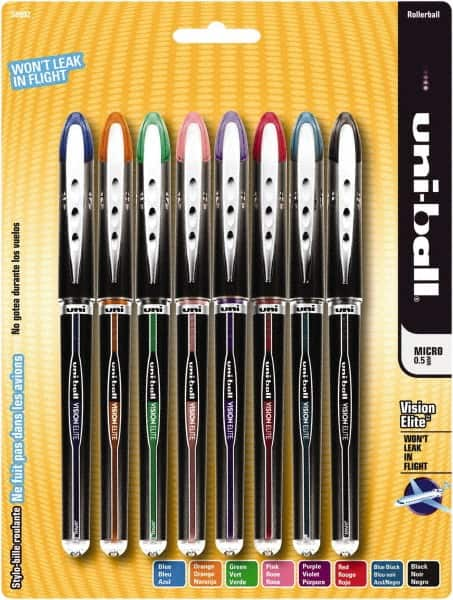 Uni-Ball - Roller Ball 0.8mm Stick Pen - Black, Blue, Black, Blue, Green, Orange, Pink, Purple & Red - Makers Industrial Supply