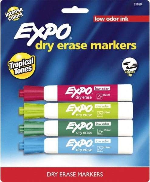 Expo - Aqua, Lime, Pink & Plum Low Odor Chisel Tip 4 Pack Dry Erase Markers - For Use with Dry Erase Marker Boards - Makers Industrial Supply