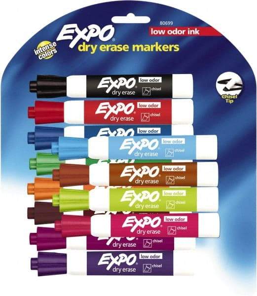 Expo - Aqua, Black, Blue, Brown, Green, Lime, Orange, Pink, Plum, Pumpkin, Purple & Red Low Odor Chisel Tip 12 Pack Dry Erase Markers - For Use with Dry Erase Marker Boards - Makers Industrial Supply