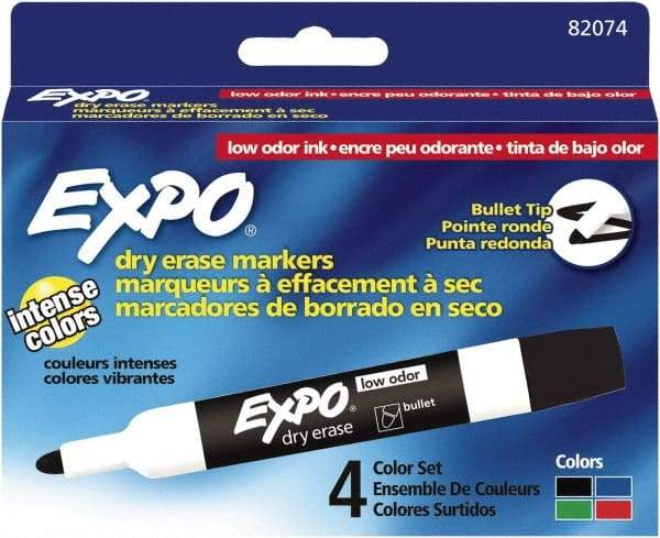 Expo - Black, Blue, Green & Red Low Odor Bullet Tip 4 Pack Dry Erase Markers - For Use with Dry Erase Marker Boards - Makers Industrial Supply