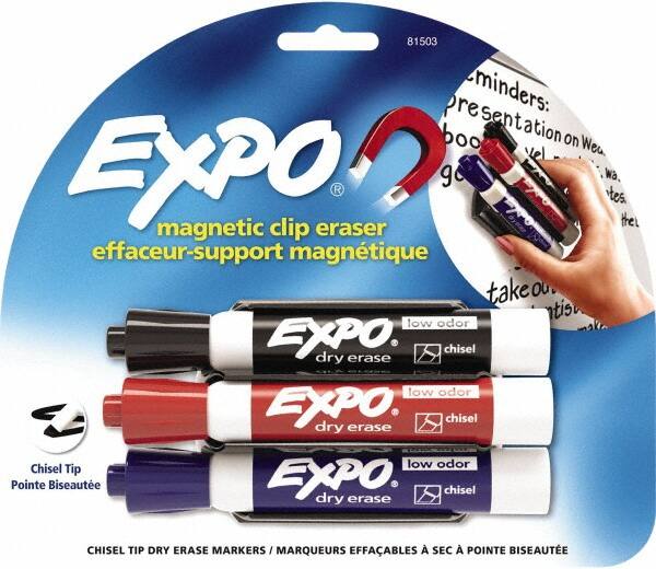 Expo - Chisel Tip 3 Pack with Dry Eraser - Includes Black, Red & Purple & Eraser, For Use with Dry Erase Marker Boards - Makers Industrial Supply