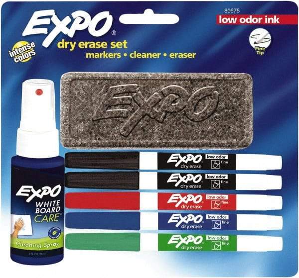 Expo - Red, Blue, Green & 2 Black Low Odor Fine Tip 5 Pack Dry Erase Markers - Includes 3 oz Cleaning Fluid & Eraser, For Use with Dry Erase Marker Boards - Makers Industrial Supply