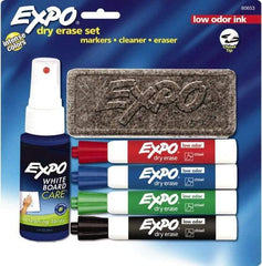 Expo - Red, Blue, Green & Black Low Odor 4 Pack Chisel Tip Dry Erase Markers - Includes Eraser & 3 oz Cleaning Fluid, For Use with Dry Erase Marker Boards - Makers Industrial Supply