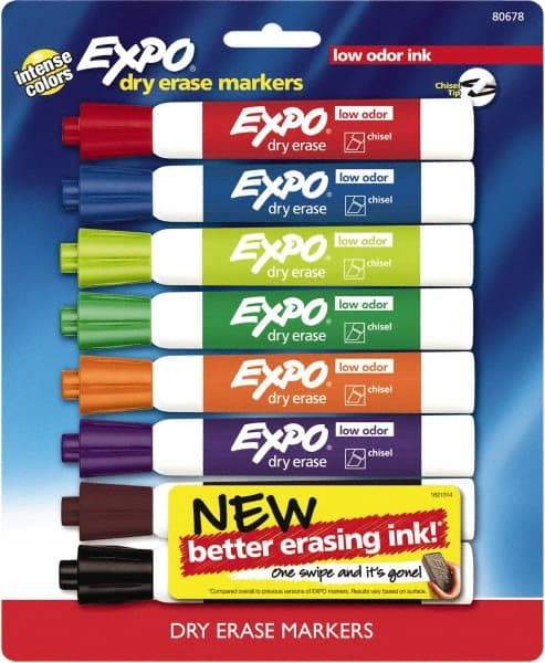 Expo - Black, Blue, Brown, Green, Orange, Pink, Purple & Red Low Odor Chisel Tip 8 Pack Dry Erase Markers - For Use with Dry Erase Marker Boards - Makers Industrial Supply