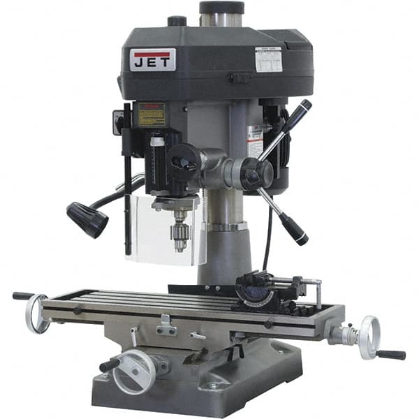 Jet - 1 Phase, 15-7/8" Swing, Step Pulley Mill Drill Combination - 9-1/2" Table Length x 32-1/4" Table Width, 20-1/2" Longitudinal Travel, 7" Cross Travel, 12 Spindle Speeds, 2 hp, 115/230 Volts - Makers Industrial Supply