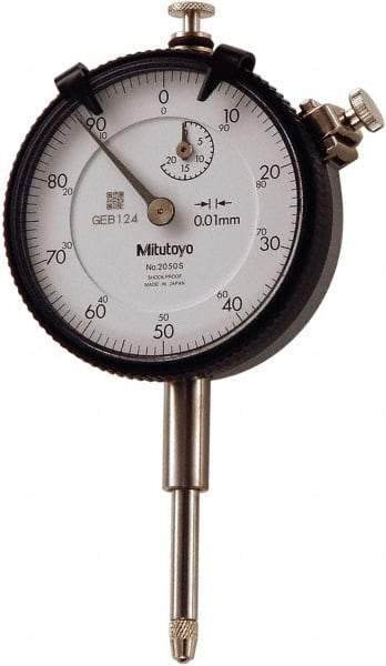 Mitutoyo - 20mm Range, 0-100 Dial Reading, 0.01mm Graduation Dial Drop Indicator - 57mm Dial, 1mm Range per Revolution, 0.004mm Accuracy, Revolution Counter - Makers Industrial Supply