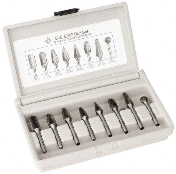 Cle-Line - 8 Piece, 1/4" Shank Burr Set - Solid Carbide, Multiple Head Shapes - Makers Industrial Supply