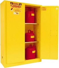 Securall Cabinets - 2 Door, 2 Shelf, Yellow Steel Standard Safety Cabinet for Flammable and Combustible Liquids - 65" High x 43" Wide x 18" Deep, Manual Closing Door, 3 Point Key Lock, 45 Gal Capacity - Makers Industrial Supply