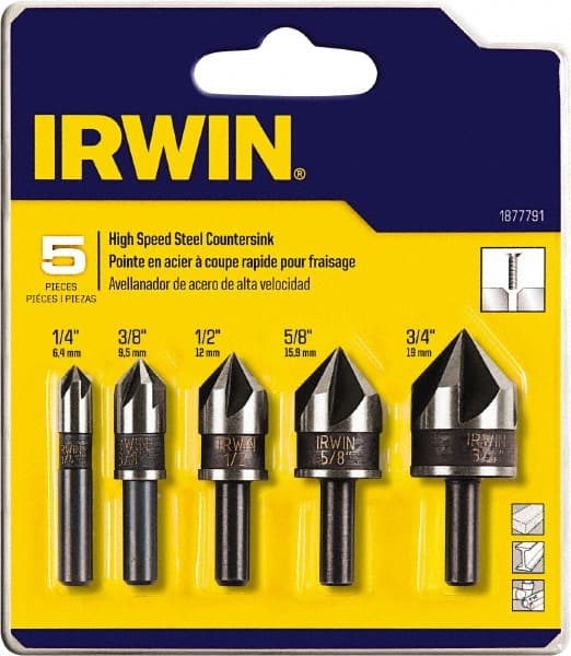 Irwin - 5 Piece, 1/4 to 3/4" Head Diam, 82° Included Angle, Single End Countersink Set - Makers Industrial Supply