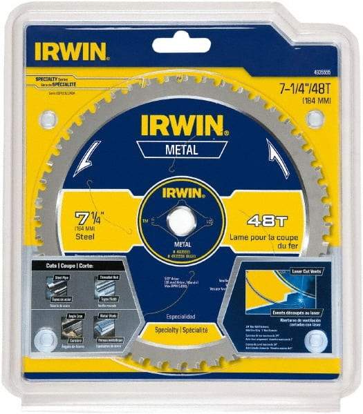 Irwin Blades - 7-1/4" Diam, 5/8" Arbor Hole Diam, 48 Tooth Wet & Dry Cut Saw Blade - Carbide-Tipped, Smooth Action, Standard Round Arbor - Makers Industrial Supply