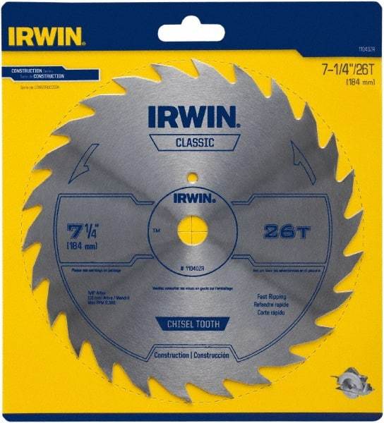 Irwin Blades - 7-1/4" Diam, 5/8" Arbor Hole Diam, 26 Tooth Wet & Dry Cut Saw Blade - High Carbon Steel, Smooth Action, Diamond Arbor - Makers Industrial Supply