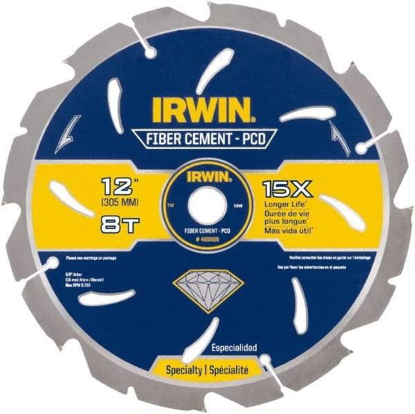 Irwin Blades - 12" Diam, 1" Arbor Hole Diam, 8 Tooth Wet & Dry Cut Saw Blade - Diamond-Tipped, Smooth Action, Standard Round Arbor - Makers Industrial Supply