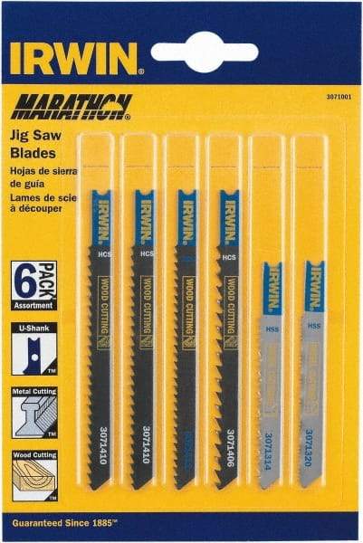 Irwin Blades - 6 Piece, 3-1/4" to 4" Long, 6 to 20 Teeth per Inch, Bi-Metal and Carbon Jig Saw Blade Set - Toothed Edge, U-Shank - Makers Industrial Supply