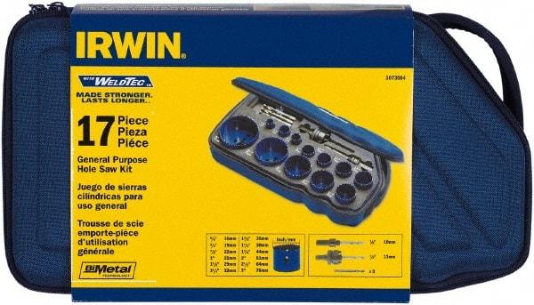 Irwin - 17 Piece, 5/8" to 3" Saw Diam, General Purpose Hole Saw Kit - Bi-Metal, Toothed Edge, Pilot Drill Model No. 373000, Includes 12 Hole Saws - Makers Industrial Supply