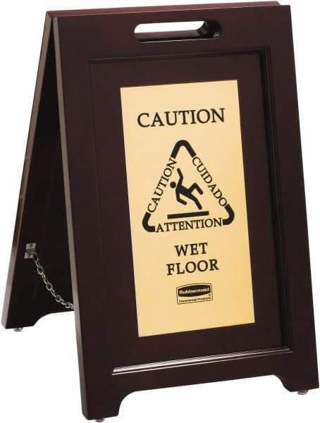 Rubbermaid - Attention/, Caution/, Cuidado/, Wet Floor, 15-1/8" Wide x 22" High, Wood Floor Sign - English/French/Spanish, A-Frame, Black on Gold, For Accident Prevention - Makers Industrial Supply