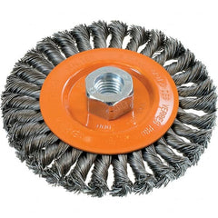 WALTER Surface Technologies - 5" OD, 5/8-11 Arbor Hole, Knotted Steel Wheel Brush - 3/8" Face Width, 0.02" Filament Diam, 15,000 RPM - Makers Industrial Supply