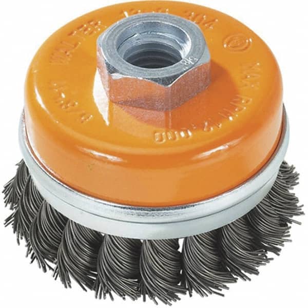 WALTER Surface Technologies - 3" Diam, M14x2.00 Threaded Arbor, Steel Fill Cup Brush - 0.02 Wire Diam, 12,000 Max RPM - Makers Industrial Supply